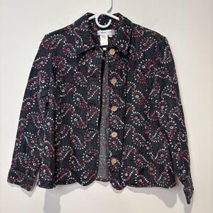 Coldwater Creek Black Embroidered Lightweight Denim‎ Jacket Floral Petite Medium